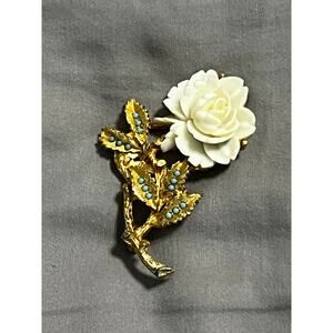 Vintage Carved Celluloid Rose Brooch Pin Gold Toned Leaves w/ Blue Accent Stones